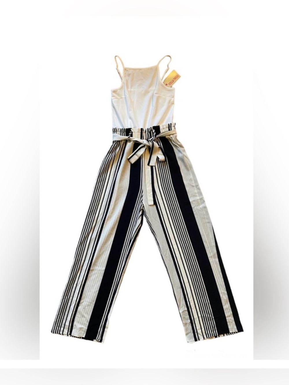 Stella Tweed Ivory White & Navy Blue -White Striped Wide-Leg Jumpsuit